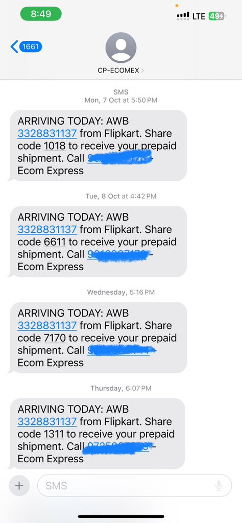 ParthKaria7's tweet photo. My flipkart order is arriving through @EcomExpress_Ofc having AWB number 3328831137 which is showing out for delivery since last 10 days but still not delivered and everyday i am getting different number of delivery executive but i am not able to connect with any of them. https://t.co/15FQTDifNf