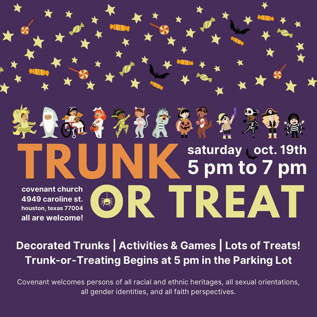 Join us once again for an evening of Trunk-or-Treat fun! 

Trunk or Treating begins in the Covenant Church parking lot at 5 pm. Covenant welcomes persons of all racial and ethnic heritages, all sexual orientations, all gender identities, and all faith perspectives.