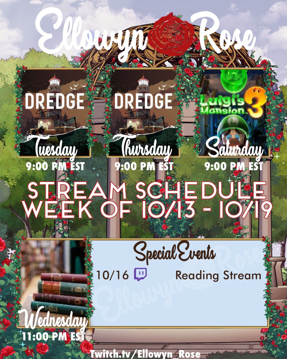 Ellowyn_Rose's tweet photo. We are switching up the schedule, and I'm trying to tell myself that even if I don't post it on Sunday, it's still worth posting. 

TUES, OCT 15th @ 9PM EST Dredge
WED, OCT 16th @ 11PM EST Reading stream
THURS, OCT 17th @ 9PM EST Dredge
SAT, OCT 19th @ 9PM EST Luigi’s Mansion 3 https://t.co/acIJlnxBwA