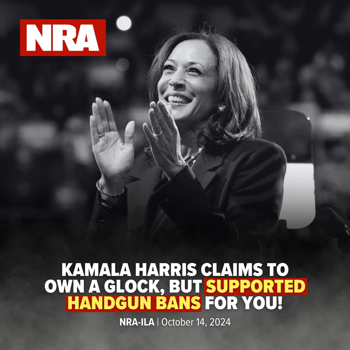 NRA's tweet photo. Despite her claim of being a gun owner, Kamala Harris' anti-Second Amendment and anti-gun record speaks for itself.

During her tenure as San Francisco district attorney, Harris sponsored a ballot measure that sought to ban the possession of ALL handguns in the city.

➡️ https://t.co/FzesKavyna