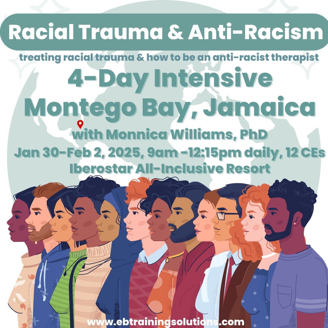 Therapists, Jamaica is calling! Join us for this unforgettable training worth 12 CEs with internationally renowned psychologist, author, researcher and trainer Monnica Williams, PhD.

We train till 12:15pm daily so the afternoons are yours!

ebtrainingsolutions.com/event/2025-01-…