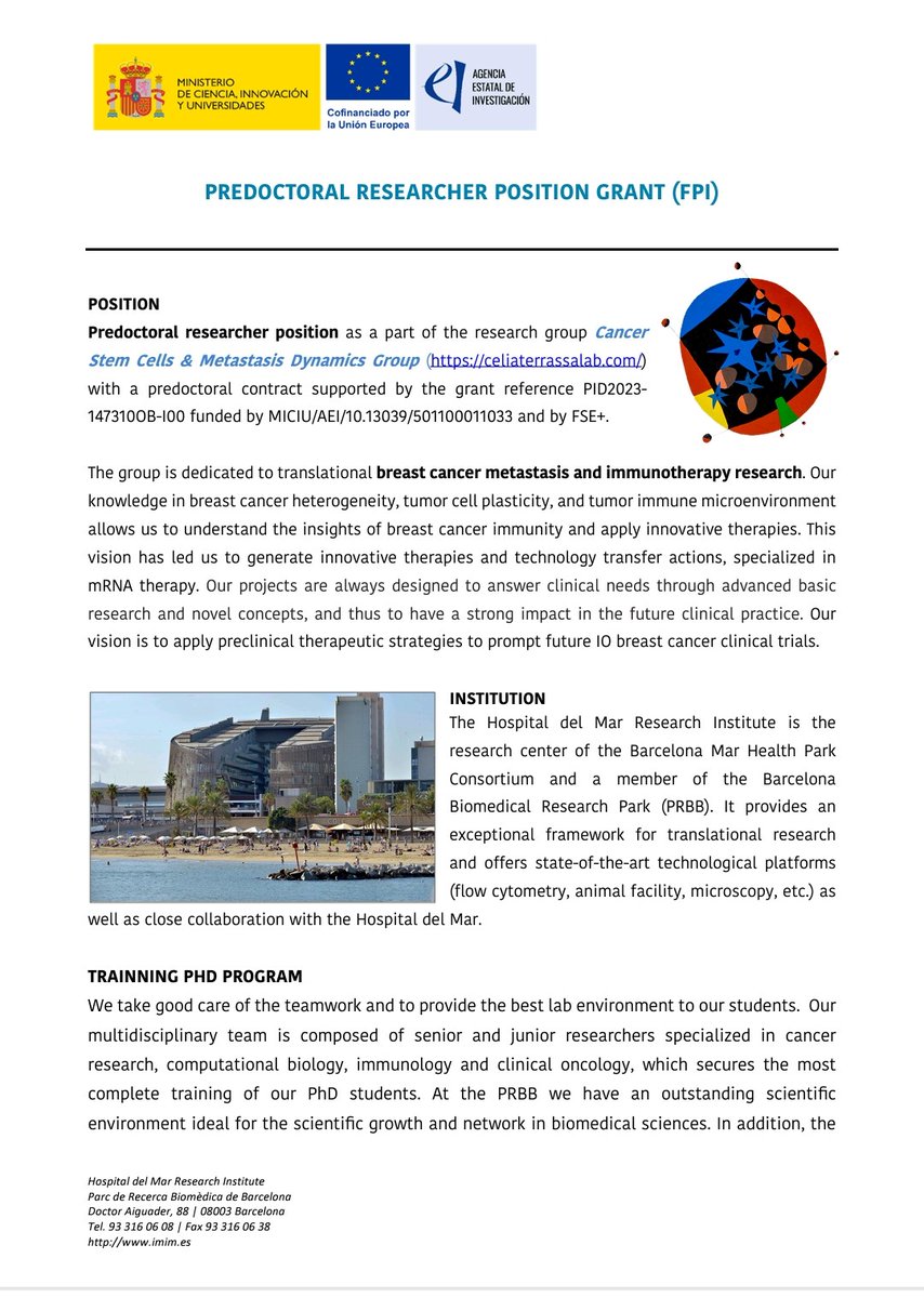 TCeliaTerrassa's tweet photo. FPI PhD position open in our group!
Project topic: Breast cancer metastasis &amp; immunotherapy research.
Deadline 31st October. https://t.co/84D9Wfh247