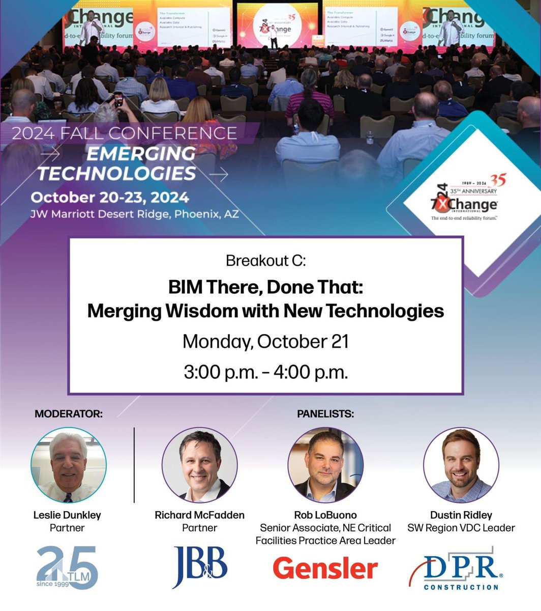 TLM Partner Les Dunkley will be moderating a panel discussion at the #7x24Exchange 2024 #FallConference in #Phoenix, AZ: conferences.7x24exchange.org/fall2024/
#tlmgroup #7x24exchangeinternational #emergingtechnologies #BIM #networking #datacenters #engineering #missioncritical #technology