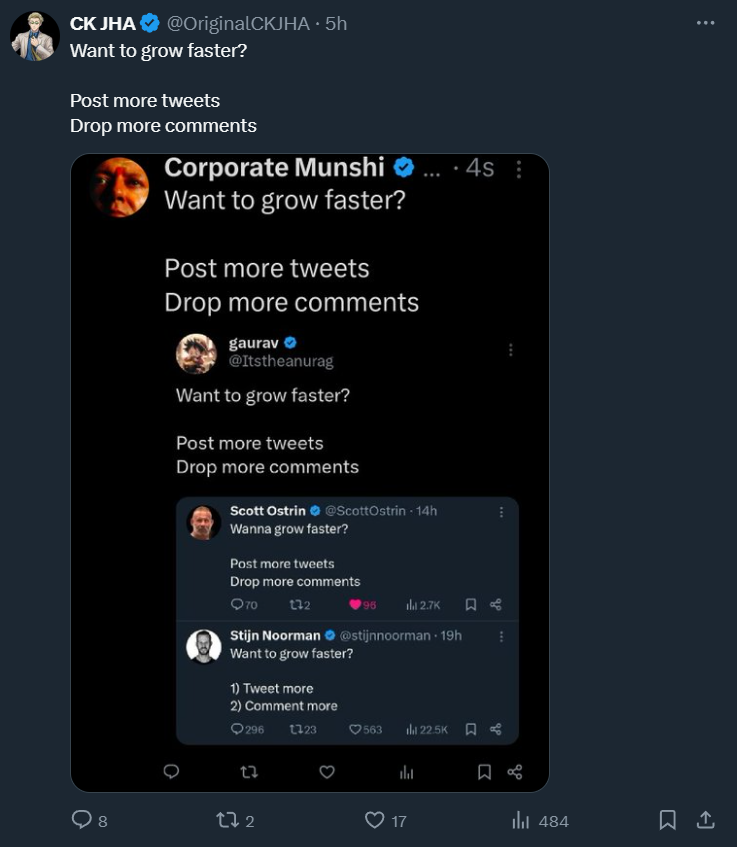 Want to succeed faster on X?

Post more and more tweets
Keep on commenting.