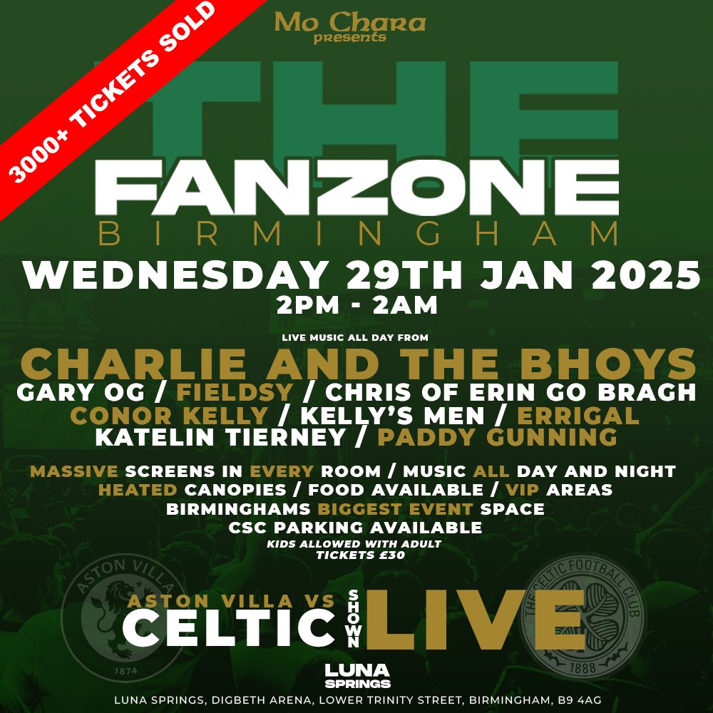 🚨 What a response! Over 3,000 tickets sold in just 2 weeks for THE BIGGEST CELTIC FAN EVENT! 🍀

🔥 Line-up: <a href="/charlieandthebh/">Charlie and the Bhoys</a> , <a href="/garyogmusic/">Gary Óg</a> , <a href="/ConorKelly_92/">Conor Kelly</a> ,, Kelly’s Men &amp; many more!

🎟️ Tickets issued from Dec 1st via email.

Tickets still available👇
mocharaevents.bigcartel.com/product/the-fa…