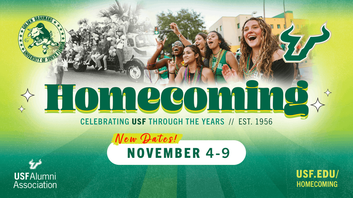 USFalumniAssn's tweet photo. Due to the recent hurricanes and ongoing recovery efforts in our community, @USouthFlorida has rescheduled Homecoming Week to Nov. 4-9. 
 
For the latest updates and event details, please visit: https://t.co/Qn2xh7jugd
 
Together, we are #BullsStrong! 💚 https://t.co/mpxTuUxEw8