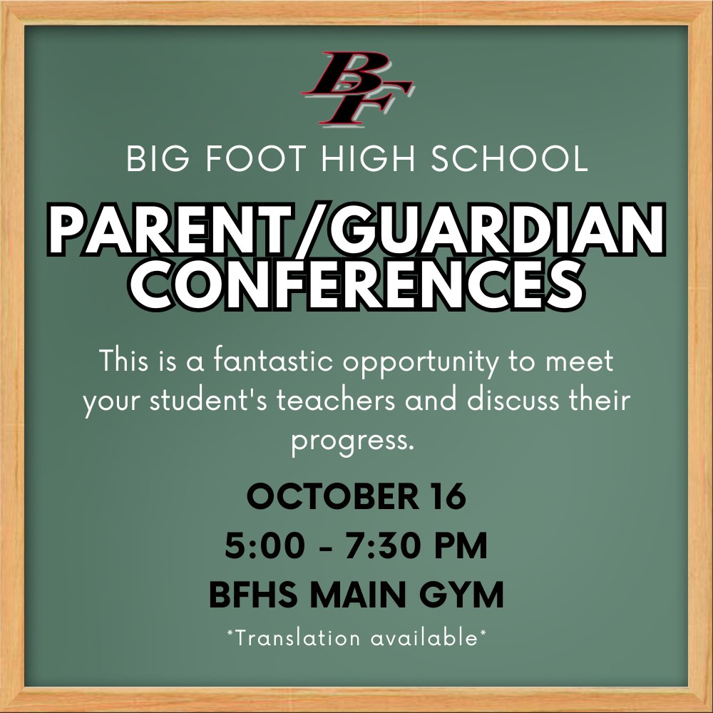 bigfooths's tweet photo. 🌟 Exciting news! Tomorrow is Parent/Guardian Conferences! This is a fantastic opportunity to meet your student's teachers and discuss their progress. Join us in the Main Gym from 5:00 PM - 7:30 PM. We can't wait to see you there! Are you ready to connect? 🤔✨ https://t.co/kSZr9VCY8s