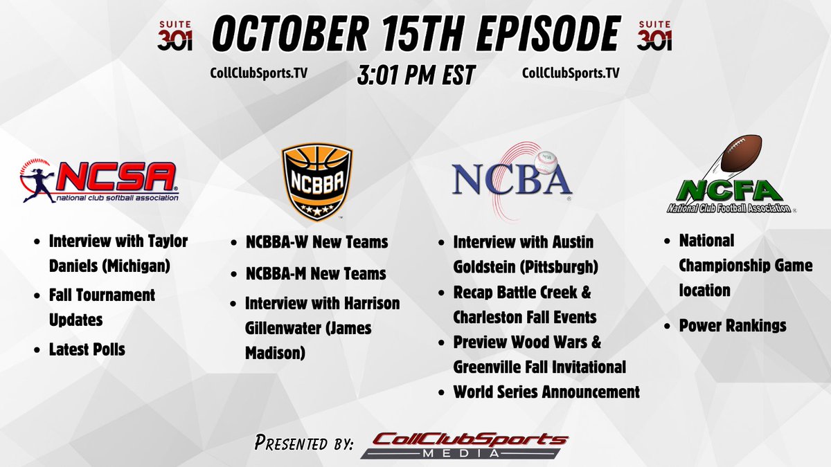 📢 SUITE 301 TODAY 

Catch up on all the latest updates &amp; news from all of our CollClubSports Leagues!

Today's episode will kick off at 3:01 PM EST.

To tune in, head over to CollClubSports TV through the link below!

🔗 CollClubSports.TV