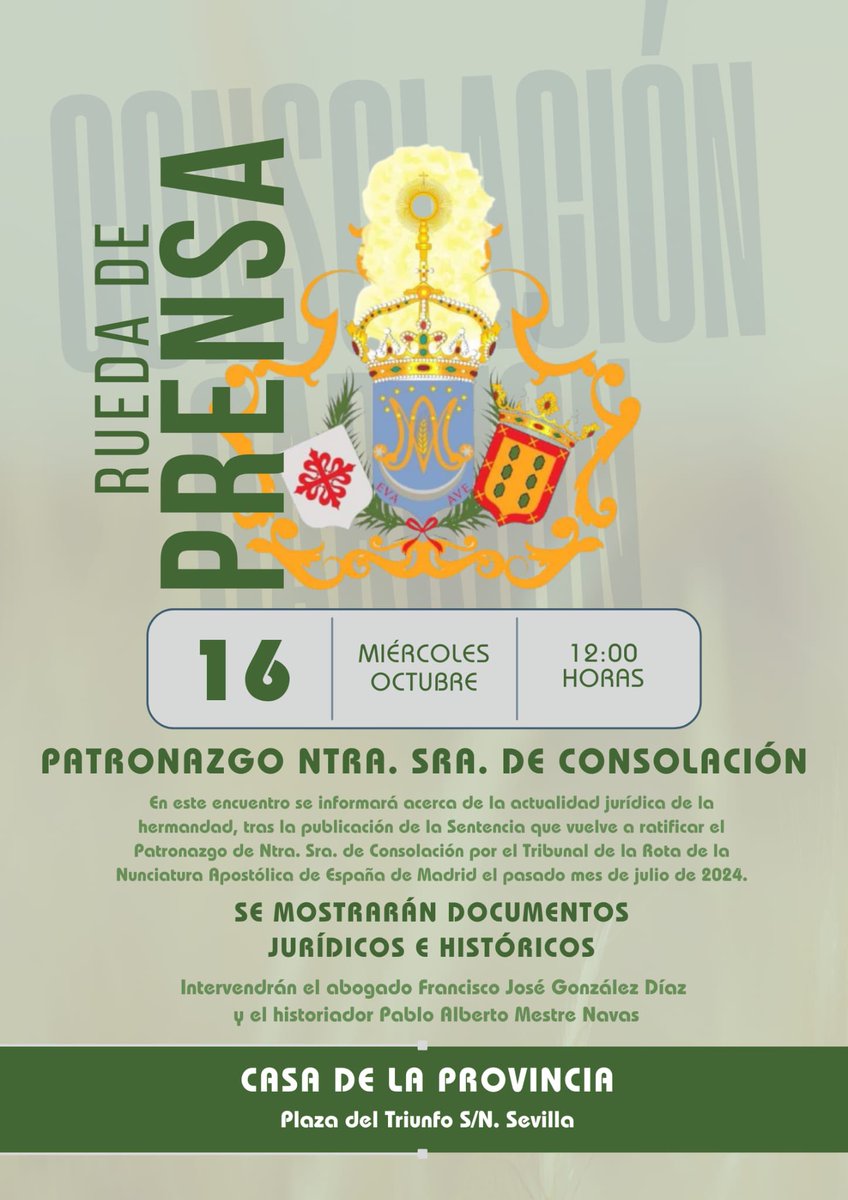 🗂️ Agenda.

Este miércoles, a las 12:00h, la <a href="/HdadConsolacion/">Hdad. de Consolación</a> ofrecerá una rueda de prensa en la Casa de la Provincia sobre su patronazgo.

#TDSCofrade #Carrión