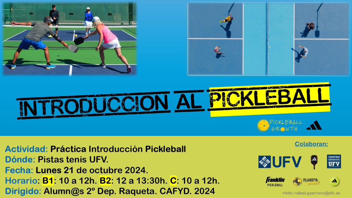 PlanetaPadel's tweet photo. 🆕 PICKLEBALL en la Universidad Francisco de Vitoria (Madrid) de la mano de Pickleball Growth y Adidas.
https://t.co/GMjTGs8z8s // #pickleball #pickleballgrowth #ufvmadrid #cafyd #centrodeportivoufv #adidaspadel #adidaspickleball #franklin https://t.co/tRPVSbKwaH