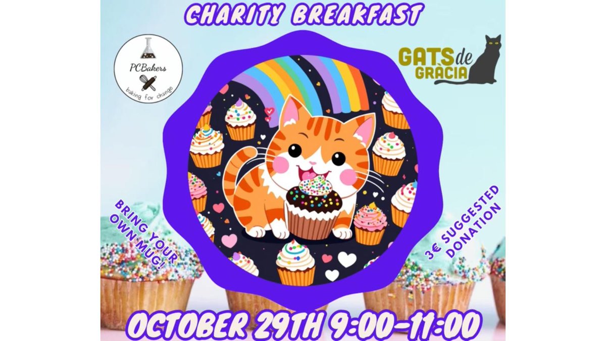 📣 Charity Bake Sale for Gats de Gràcia! 🐾
Join us on Oct 29, 9:00-11:00 at Parc Científic de Barcelona to support stray cats! 🐱 Enjoy homemade treats &amp; bring your mug for coffee. Let's help protect 500+ cats in Gràcia &amp; Horta! 💪💖 #Charity #StrayCats #GatsDeGràcia