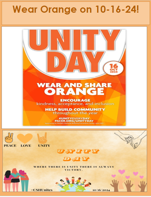 CSHWestSide's tweet photo. We hope our West Side Community Members will remember to WEAR ORANGE for this year's UNITY DAY tomorrow, 10-16-24. #CSHUnites #UnityDay #BullyingPreventionMonth #CultureofKindness #WearOrangeTomorrow! https://t.co/jxOQpxlhV2