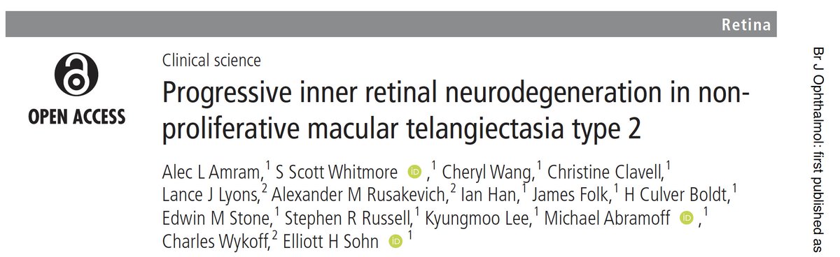 Sharing our latest work in BJO--&gt;progressive inner retinal thinning in MacTel occurs at a similar rate as in diabetic retinal neurodegeneration, echoing our 2016 PNAS findings. &gt;50% of MacTel subjects have #diabetes. Our research using #AI on the retina coming in the future!