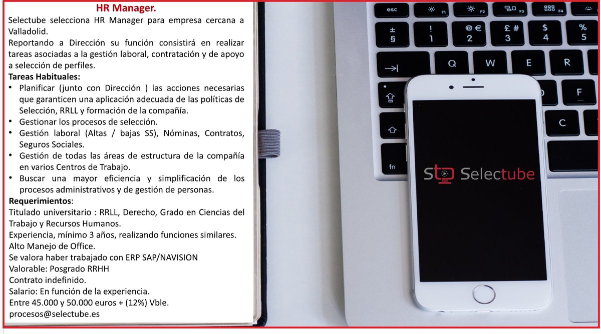 Selectube's tweet photo. @Selectube selecciona HR Manager para importante empresa de alimentación cercana a Valladolid.
https://t.co/Ebtp3CMl9N
procesos@selectube.es https://t.co/ADPi21cc9W