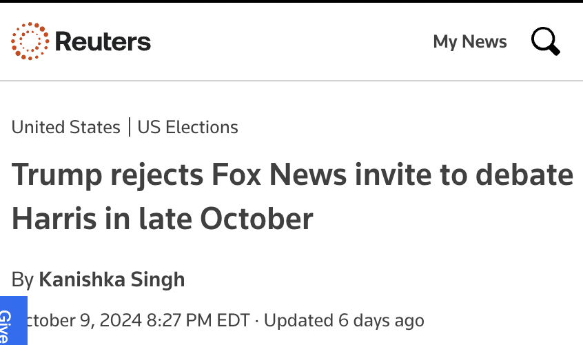 JuddLegum's tweet photo. Trump:

1. Canceled 60 Minutes interview

2. Refused to participate in another debate, even on Fox

3. Cut off Q&amp;A and bobbed on stage for 30 minutes

4. Canceled CNBC interview https://t.co/TNdiYpbwIU