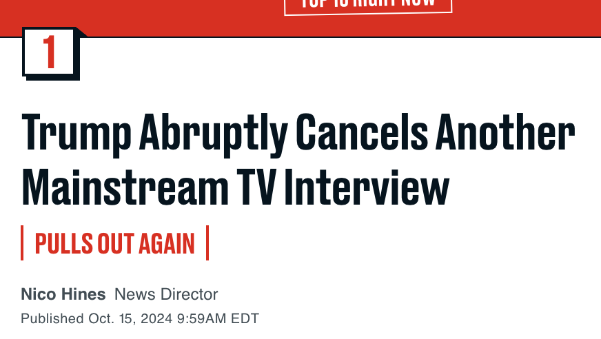 JuddLegum's tweet photo. Trump:

1. Canceled 60 Minutes interview

2. Refused to participate in another debate, even on Fox

3. Cut off Q&amp;A and bobbed on stage for 30 minutes

4. Canceled CNBC interview https://t.co/TNdiYpbwIU