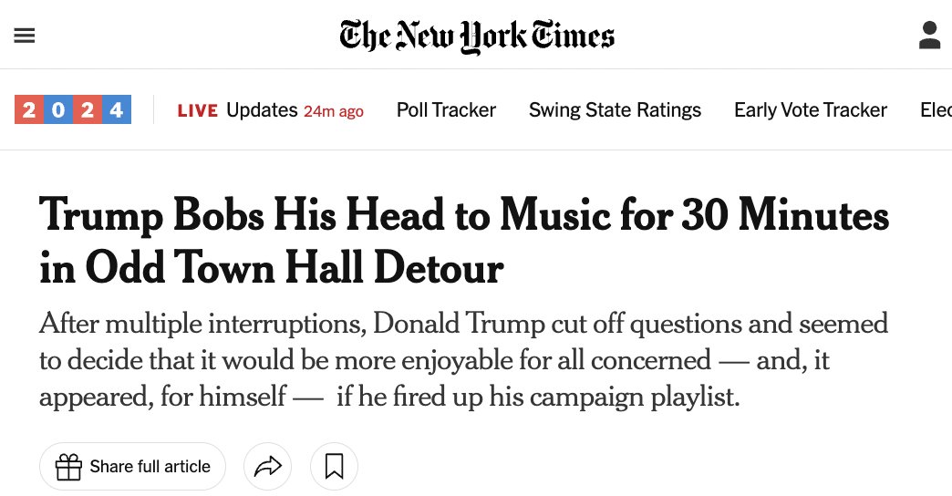 JuddLegum's tweet photo. Trump:

1. Canceled 60 Minutes interview

2. Refused to participate in another debate, even on Fox

3. Cut off Q&amp;A and bobbed on stage for 30 minutes

4. Canceled CNBC interview https://t.co/TNdiYpbwIU