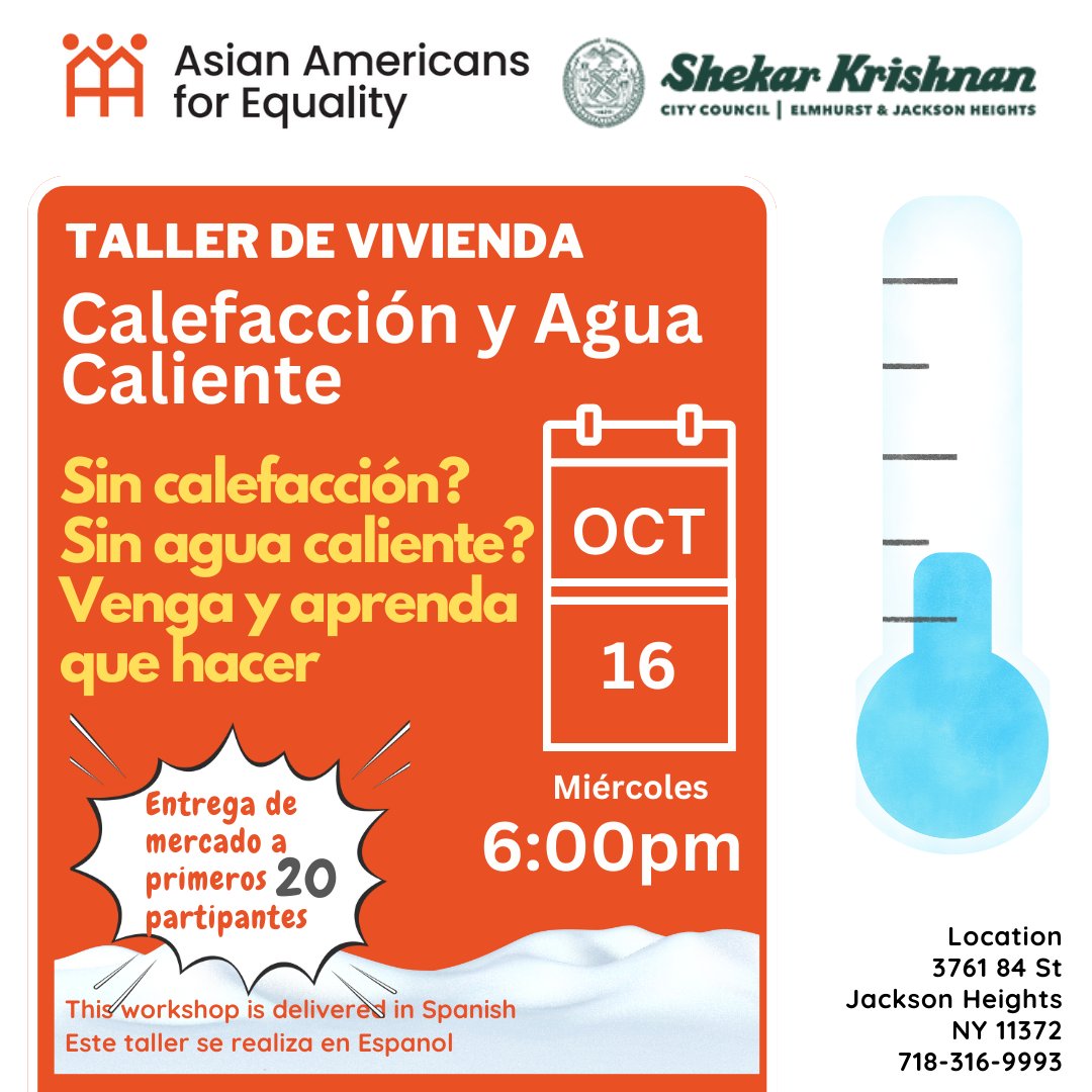 AAFE (@aafe1974) on Twitter photo TOMORROW 10/16 in Jackson Heights! 💧 Come to our Housing Workshop on heat and hot water in partnership with CM Shekar Krishnan <a href="/voteshekar/">Shekar Krishnan</a>. The Spanish workshop will inform participants on their rights to heat and hot water. The first 20 participants will receive freebies! TOMORROW 10/16 in Jackson Heights! 💧 Come to our Housing Workshop on heat and hot water in partnership with CM Shekar Krishnan <a href="/voteshekar/">Shekar Krishnan</a>. The Spanish workshop will inform participants on their rights to heat and hot water. The first 20 participants will receive freebies!