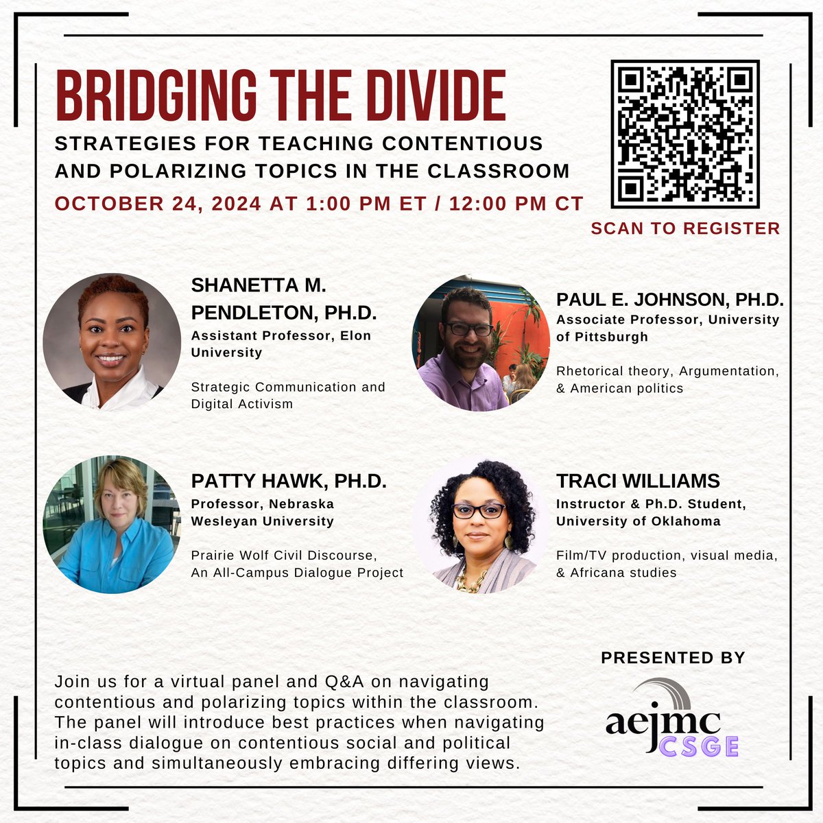 CSGEAEJMC's tweet image. Wishing you felt more at ease teaching sensitive topics and navigating heated classroom conversation? Join our virtual @AEJMC session to pick up tips on how to handle polarizing issues in the classroom. Use the QR code below or go here! oklahoma.zoom.us/meeting/regist…