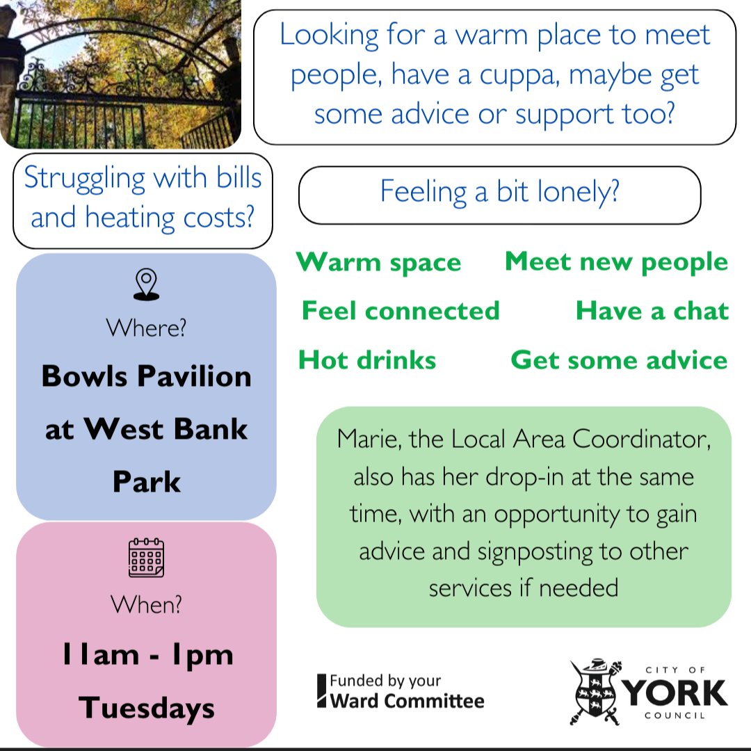 Have a cuppa, warm up this winter &amp; meet others
At the bowls pavilion

Advice and support available

Are you struggling with energy bills, feeling a bit down or lonely, or just want to learn more about your local community and be better connected... Come by Tuesdays 11am - 1pm