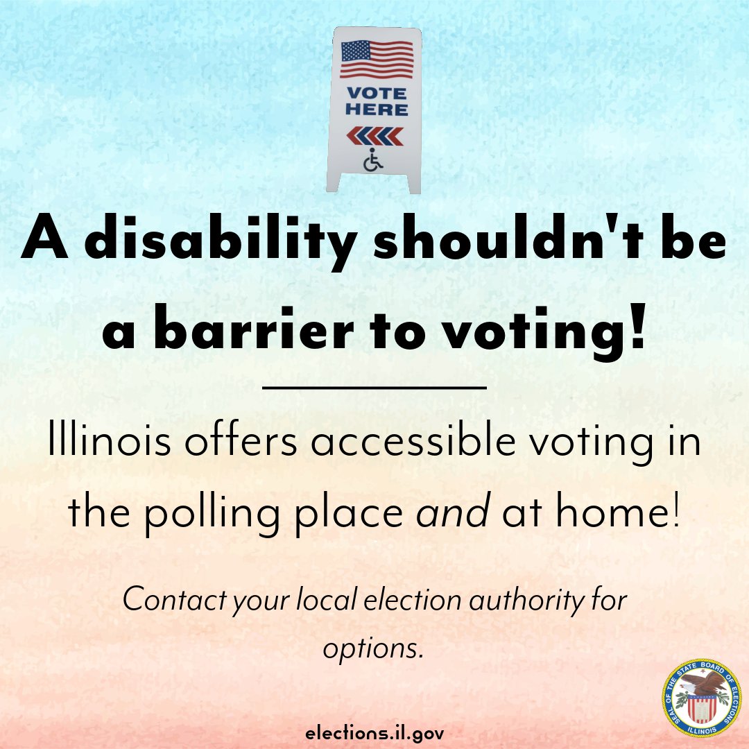 Every voice matters, and every vote counts! 🗳️ In Illinois, accessible voting options are available both at the polls and from home. Don't hesitate to contact your local election authority for assistance! #VoteAccessible #EveryVoteCounts #InclusionMatters