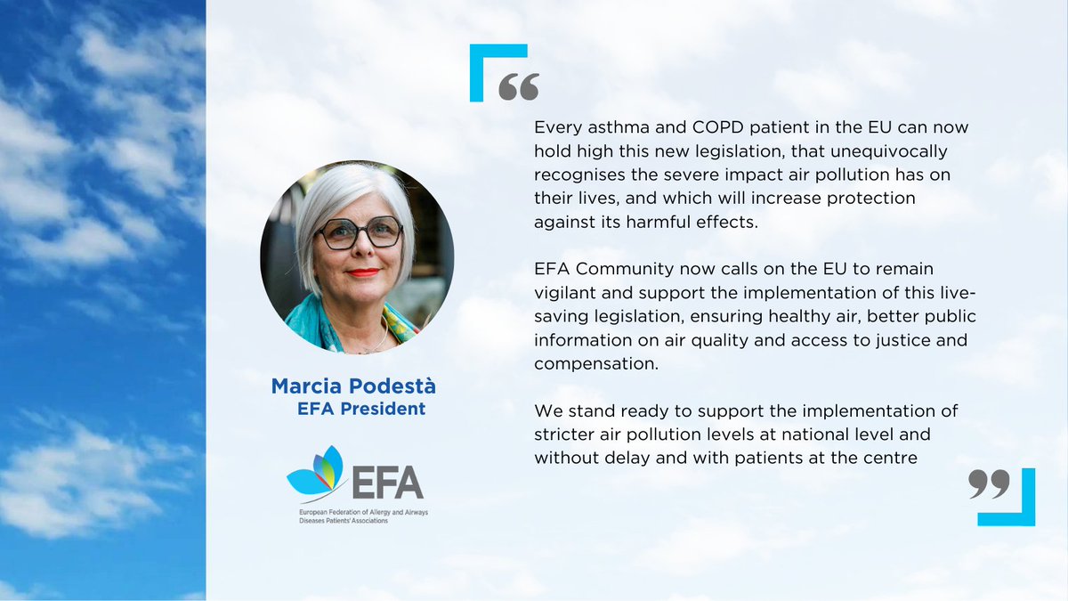 Big news for cleaner air in Europe! 🚨 The EU has adopted the new Ambient Air Quality Directive #AAQD to:
🏭🚫 reduce air #pollutants and #CleanairEU
ℹ️ improve public #airquality information
🗣️enable citizens to seek justice for health damages caused by pollution 

Read more in