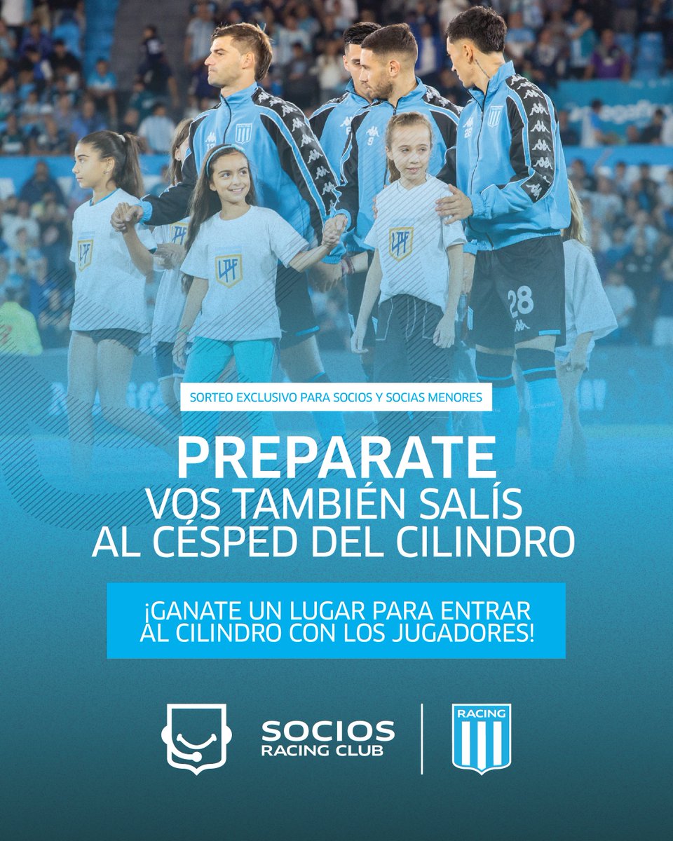 RacingSocios's tweet photo. Este sábado los socios y socias menores, de 6 a 11 años de edad, podrán acompañar a los jugadores en la salida al campo de juego del Cilindro 🏟️🩵🤍

¿Cuáles son los requisitos para participar? 👇

✅ Comentá su nombre y sus últimos 3 números de socio/a.
✅ Cuota Septiembre 2024.
✅ Estar registrados en https://t.co/CZkCgwx3mO.
✅ Like y RT.

¡Si estás suscripto en el canal tenés doble chanceeeeee! ✨✨

📲 El jueves daremos a conocer a los ganadores y ganadoras del sorteo exclusivo en👉https://t.co/nQ5GnPoqp1