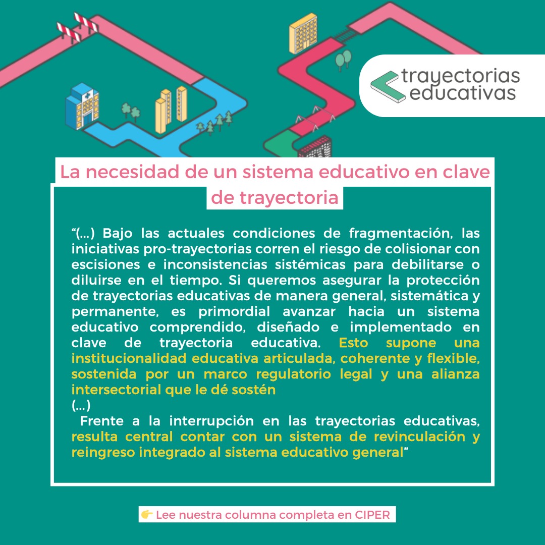 A inicios de octubre publicamos una columna en @ciper_chile titulada "Por un sistema educacional en clave de trayectoria educativa ".

En las siguientes imágeneste dejamos sus principales ideas claves:

Lee la columna completa en el siguiente link: ciperchile.cl/2024/09/27/por…