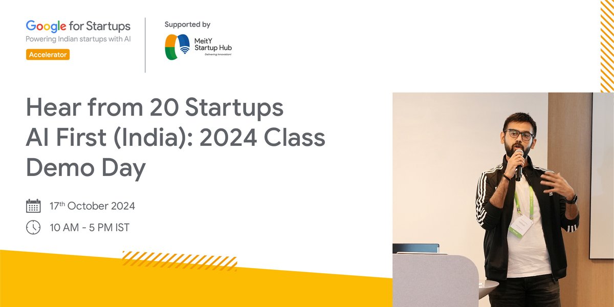 Inviting investors and enablers of the startup ecosystem to join us for the Demo Day of the 2024 class of the <a href="/GoogleStartups/">Google for Startups</a> Accelerator: AI First 🇮🇳 and celebrate the 20 most promising AI-first startups. RSVP here: goo.gle/GFSAIN2024-DD

#AcceleratedWithGoogle #DemoDay