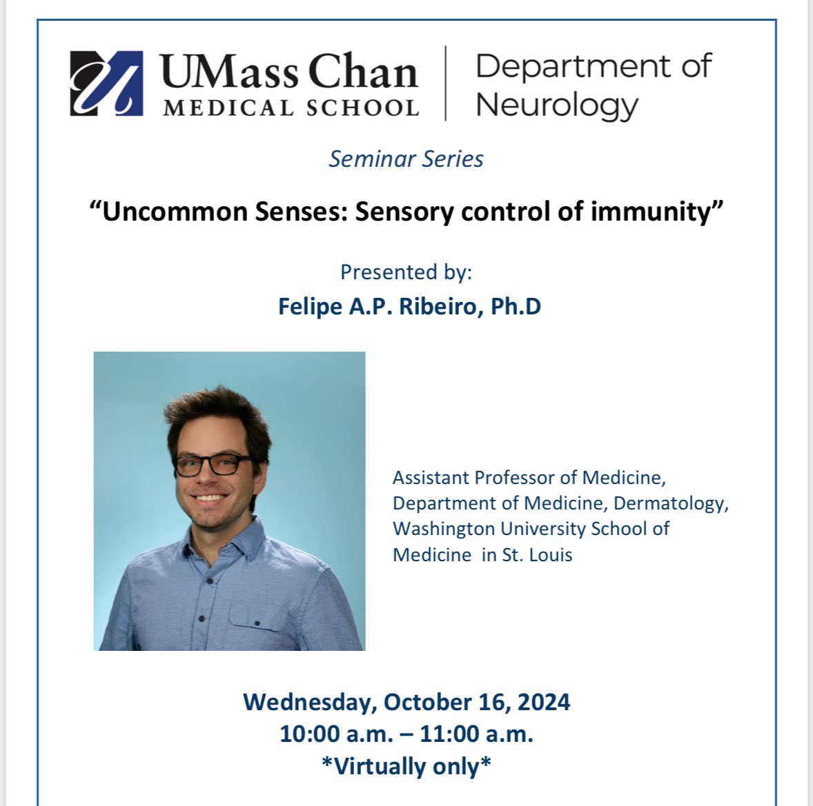 Neuroimmune Interactions Laboratory @UMASS (@neuroimmune_usp) on Twitter photo It will be a pleasure to host <a href="/NeurobiomeLab/">Ribeiro Lab</a> during our <a href="/UMassChanNeuro/">UMass Chan Department of Neurology</a> department seminar tomorrow. Thank you for kindly accepting the invitation. Looking forward to learn more about sensory fibers and immune regulation in the meninges! 🤓 <a href="/UMassChan/">UMass Chan Medical School</a> It will be a pleasure to host <a href="/NeurobiomeLab/">Ribeiro Lab</a> during our <a href="/UMassChanNeuro/">UMass Chan Department of Neurology</a> department seminar tomorrow. Thank you for kindly accepting the invitation. Looking forward to learn more about sensory fibers and immune regulation in the meninges! 🤓 <a href="/UMassChan/">UMass Chan Medical School</a>