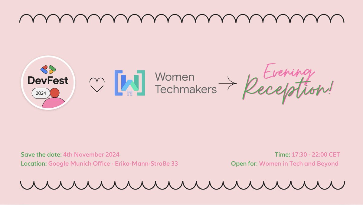 aimans_3's tweet image. Join the much awaited #GDGMunich DevFest&apos;24 - @WomenTechmakers Evening reception at Google Munich office :) 

Register now: tinyurl.com/wtmreception
@googledevgroups #devfest