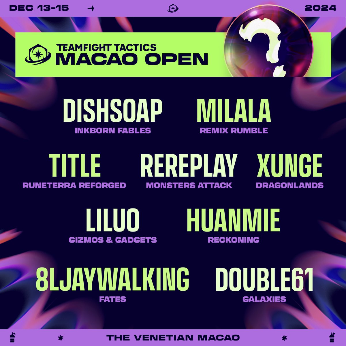 It’s time for a Convergence clash for the ages with the #TFTMacaoOpen. Cheer on the champions from the past TFT sets as they join forces with over 500 other players, live and in person. Get your Spectator Pass today at riot.com/3Z819uM #TFTMacaoOpen