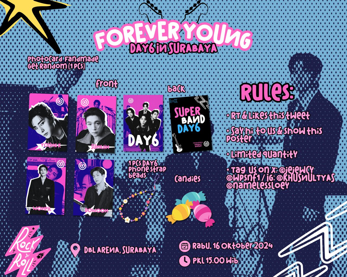 jejewcy's tweet photo. DAY6 Forever Young World Tour in Surabaya 🎸
freebies by: @jejewcy &amp; @Wpsnf1
((pls tag us on if u get it))

rules:
• RT &amp; Likes this post
• say hi &amp; show us this post
• don't throw or sell ‼️

⏰pkl 15.00 wib (lok. dkt penukaran tiket)

(limited quantity) 
#Day6inSurabaya https://t.co/OejxZmbhbi