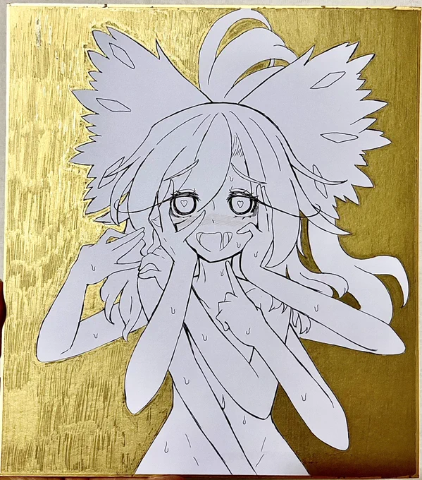 これは初めて金色を塗ったにしてはいい感じに塗れた気がするヤマメちゃんの色紙の描きかけ( ˙꒳​˙  )配布停止喰らわないよね? 