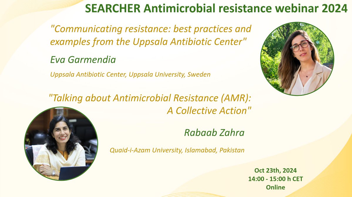 🚨SEARCHER WEBINAR🚨

We are pleased to invite you to our next webinar of the session
 
<a href="/evagaresp/">Eva Garmendia</a> (<a href="/UAC_UU/">Uppsala Antibiotic Center</a>) &amp;
<a href="/RabaabZ/">R Zahra</a> (<a href="/QAU_Official/">QAU Official</a>)

Will be discussing #AMR policy and communication 

🗓️ Oct 23, 2024
⏰ 02:00 PM CEST (GMT +1)

Register 👉 mdc-berlin.zoom-x.de/meeting/regist…

Details 👀
