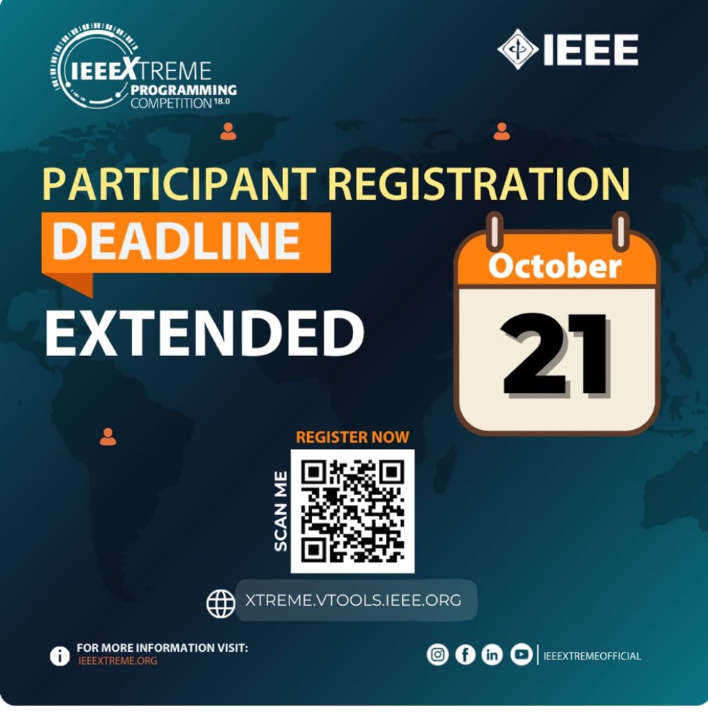 إعلان مهم:🛑🛑

تم تمديد فترة التسجيل في #IEEEXtreme18 حتى 21 أكتوبر! 🤩🔥

نداء لكل المتحمسين والمبدعين الذين فاتتهم فرصة التسجيل، أمامكم الآن فرصة جديدة! 🚀

استغلوا هذه الفرصة لتطوير مهاراتكم وزيادة فرصتكم للفوز بجوائز محلية وعالمية!🏆🌟

x.com/IEEEXtremeSA/s…