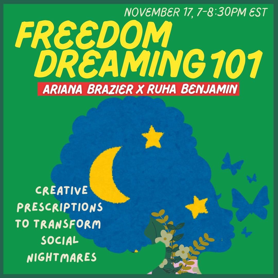Workshops4Gaza's tweet image. We’re extremely honored to bring you a workshop with @ruha9 and @baldbeauty22 on Nov 17, 7-8:30pm EST! In Freedom Dreaming 101 we’ll play games and activities for people of all ages to imagine tools and worlds that break with current social hierarchies: workshops4gaza.com/calendar/fwi21…