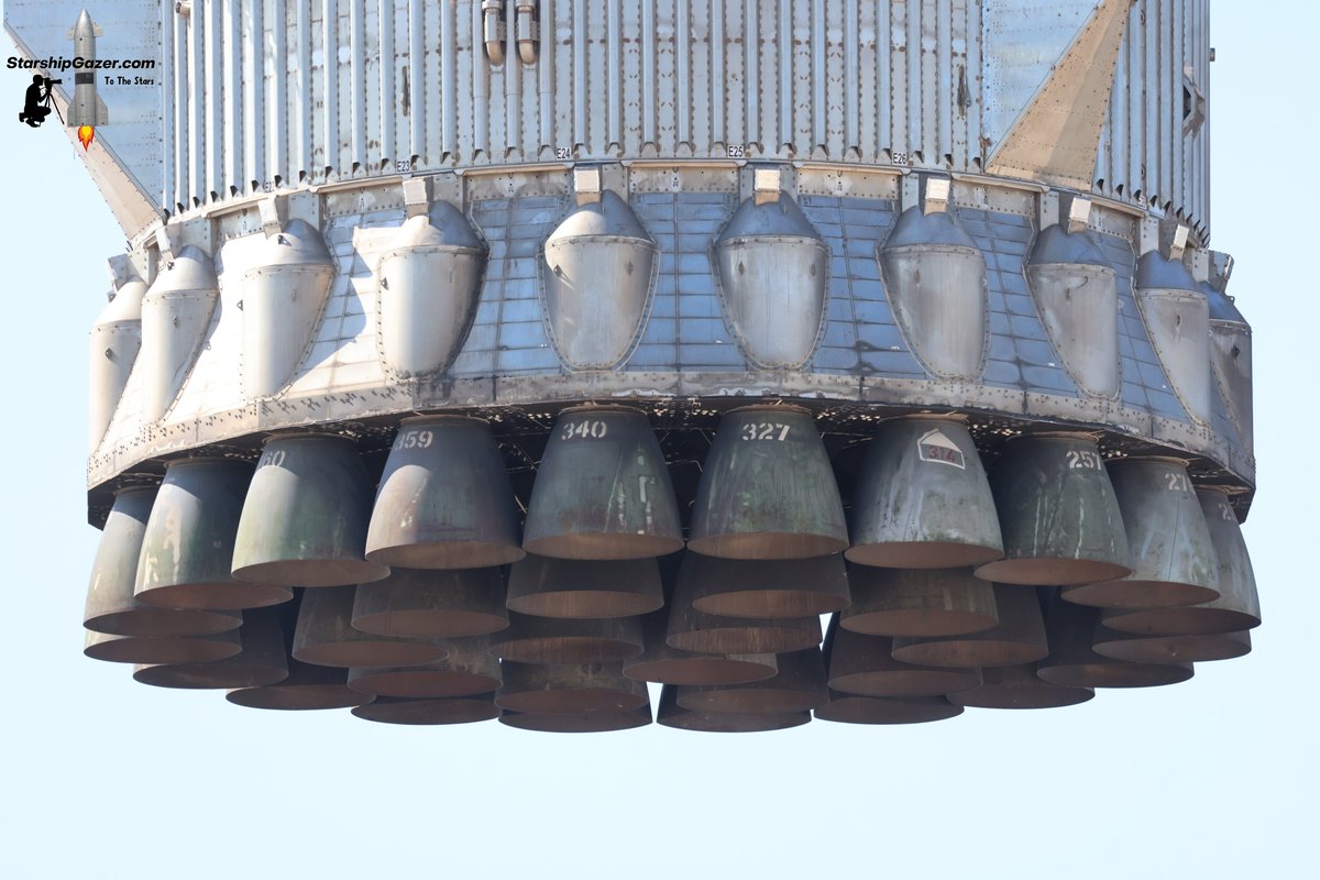 StarshipGazer's tweet photo. Booster 12 has been lifted from the launch mount this morning with an awesome view of the Raptor nozzles! Especially like Pi Raptor 314. lol 

10/15/24 https://t.co/F94JXnL9as