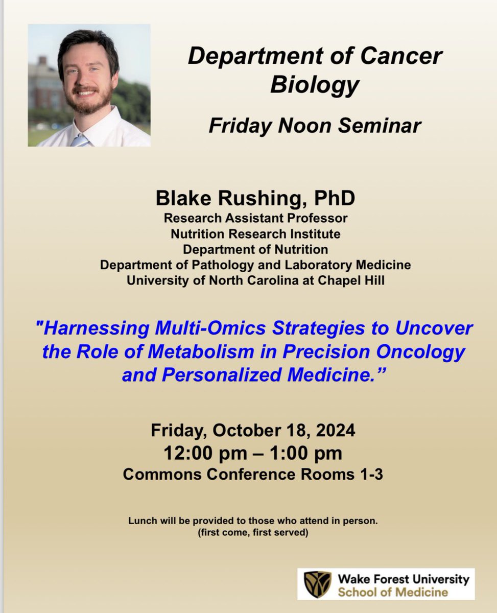 The Department of #CancerBiology at <a href="/wakeforestmed/">Wake Forest University School of Medicine</a> <a href="/WakeCancer/">Wake Forest Baptist - Comprehensive Cancer Center</a> is excited to host this talk Friday. Come and hear about multi-omics, precision oncology, and of course #metabolism in #cancer. 
🐪🏙️🦀🧬