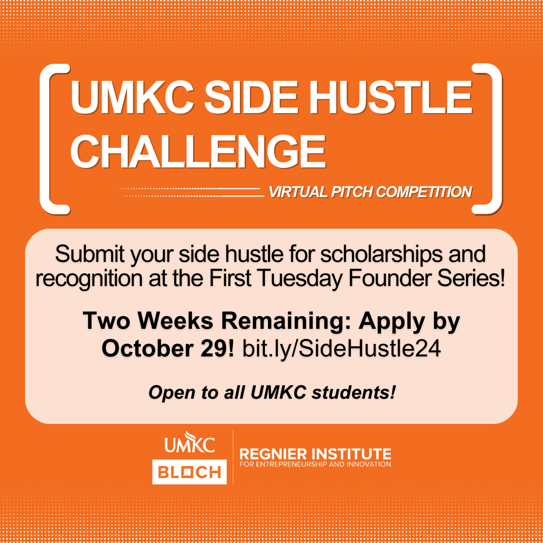Do you have a business, passion project, or hustle on the side? Submit your video to the Side Hustle Challenge by Oct. 29 and get noticed! 🎬 #Entrepreneurship <a href="/UMKCBloch/">UMKC Bloch School</a>