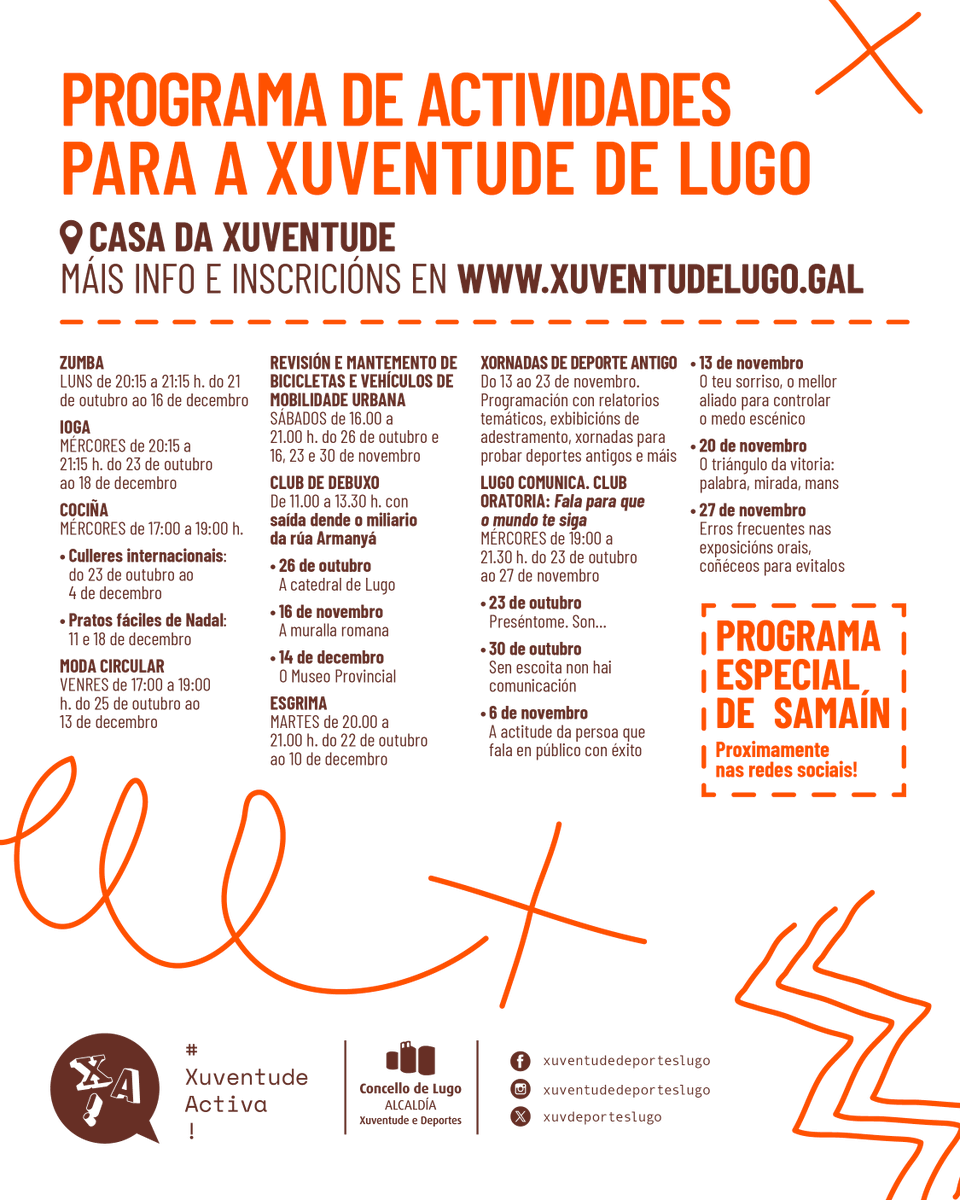 🍄🍂🧘‍♂️🎤🖍️ Xa está aquí a programación de outono para a #xuventude de 14 a 35 anos de #Lugo!

📌 As dez actividades desenvolveranse na Casa da Xuventude

📝❗ Inscríbete XA, nas que requiran inscrición, cubrindo o formulario da web xuventudelugo.gal