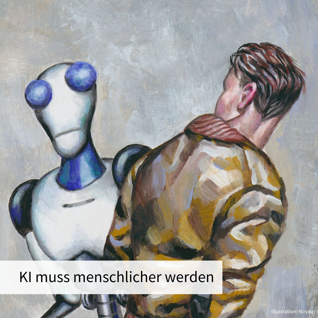 In Zukunft werden wir mit KI zusammenarbeiten wie mit Menschen. Dabei ergänzen sich idealerweise die Fähigkeiten von Mensch und KI, um gemeinsam Neues zu schaffen. Damit das gelingt, muss KI humaner werden: news.uzh.ch/de/articles/ne…