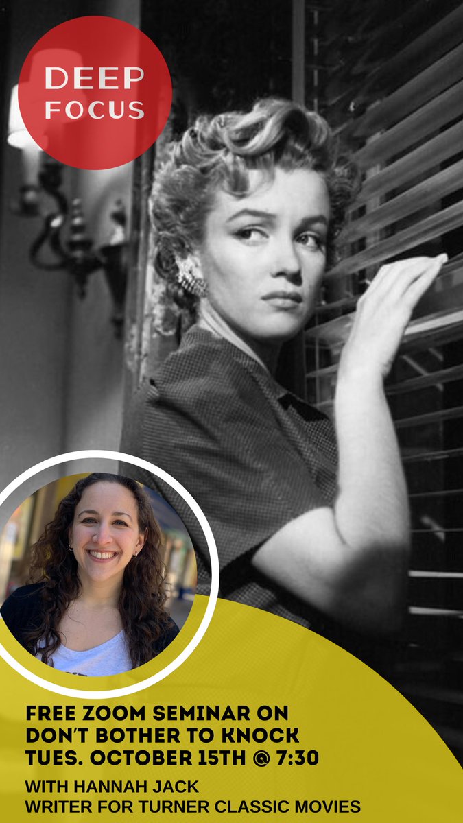 PrincetonGarden's tweet image. Join @tcm  writer @HannahKJack  tonight on Zoom at 7:30pm as she dissects #DontBotherToKnock. This discussion on the #psychologicalthriller starring #MarilynMontoe is part of our Deep Focus Online Seminar series.

Register Here: deepfocusfilm.org/#discussions