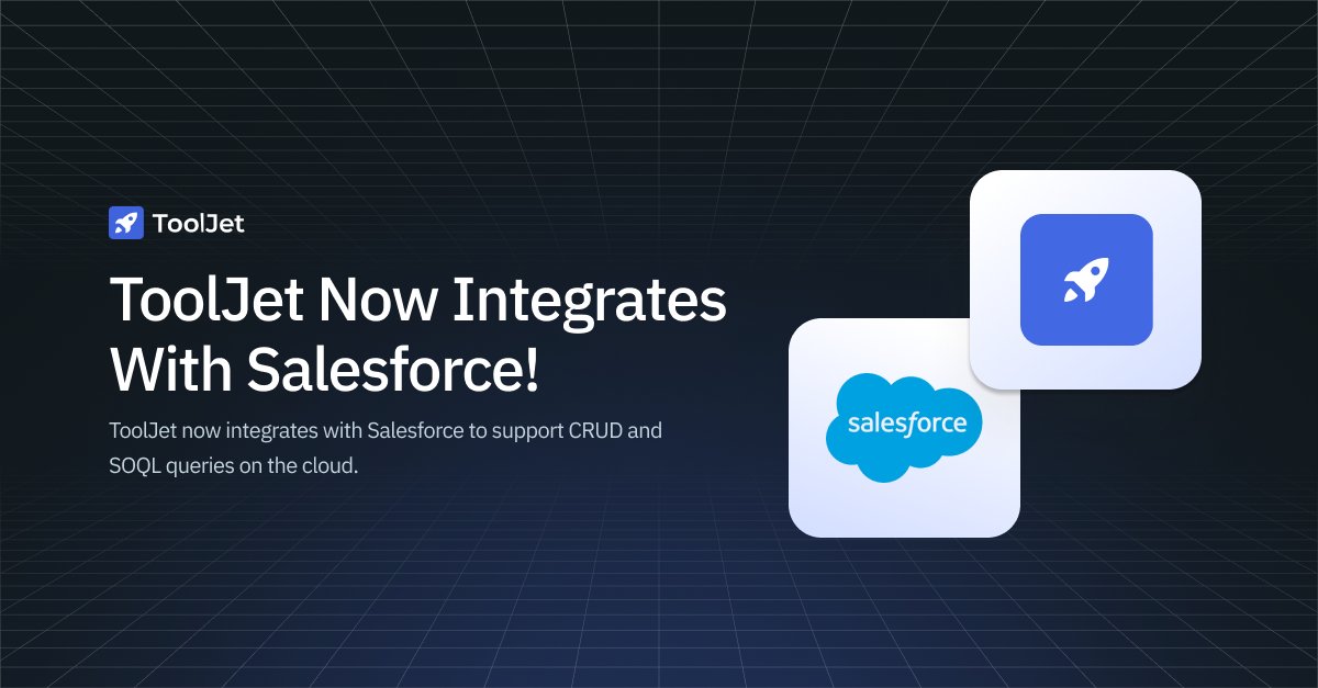 ToolJet (@tooljet) on Twitter photo ToolJet now integrates with <a href="/salesforce/">Salesforce</a>, enabling direct interaction with your Salesforce app for CRUD and SOQL queries within the ToolJet application.
#ToolJet #Salesforce #Integrations #LowCode ToolJet now integrates with <a href="/salesforce/">Salesforce</a>, enabling direct interaction with your Salesforce app for CRUD and SOQL queries within the ToolJet application.
#ToolJet #Salesforce #Integrations #LowCode