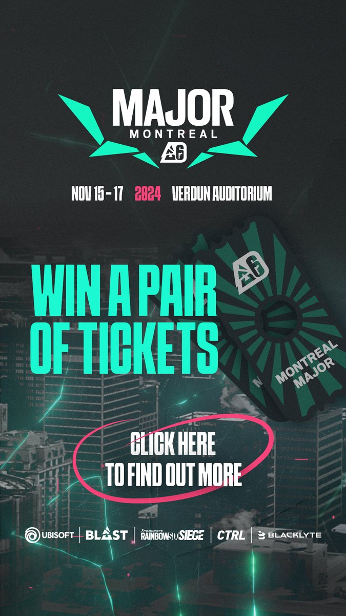 🏆 Official R6 Montreal Major Giveaway🏆

We have a pair (2) tickets to give away so you and a friend can attend the R6 Montreal Major in Montreal, QC on Nov. 15-17!

To enter:
♥️ Like this post
♻️ Repost this post

Winners will be announced Nov. 8th via X.