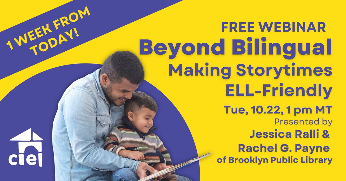 Join us a week from today for CLEL's next FREE webinar!

Beyond Bilingual: Making Storytime ELL-Friendly
Tuesday, October 22, 2024
1 pm MT on Zoom
Presented by Jessica Ralli and Rachel G. Payne of Brooklyn Public Library

Learn more and register: clel.org/event/beyond-b…