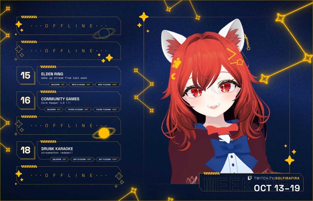 solfirafira's tweet photo. 【10/13–10/19】 ☄️ This Week's Stream Schedule
📺 /solfirafira ⋆ #firaLIVE
-----
elden ring strim to make up for last week's technical difficulties, core keeper 1.0, and drunk karaoke redeem from streamathon!! https://t.co/ZiPNilP5Cb