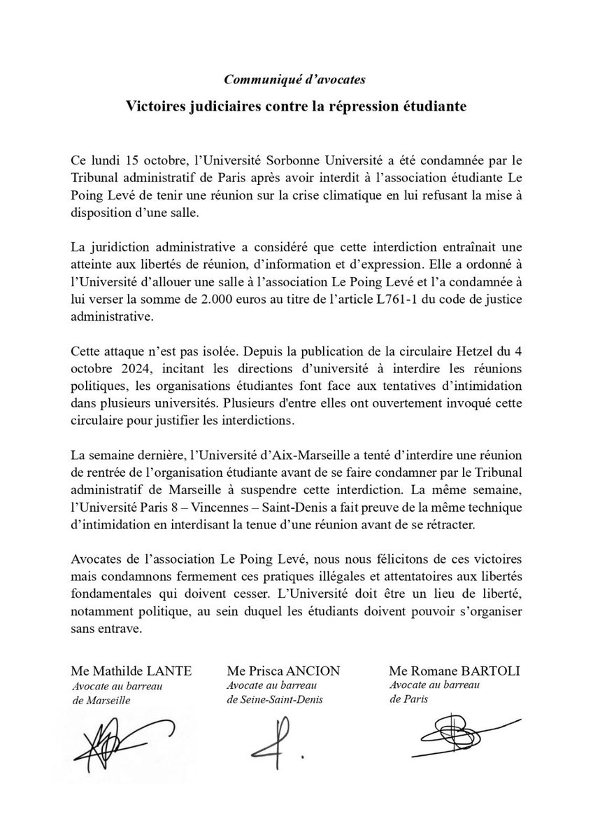 romanebartoli's tweet photo. Interdictions de réunions étudiantes : nouvelle victoire au TA de Paris pour @LePoing_Leve alors que les directions d'universités enchaînent les mesures répressives sur la base de la circulaire Hetzel. 
Communiqué rédigé avec mes consoeurs @PriscaAncion et @MathildeLnt ⬇️ https://t.co/Ee65Q02imz