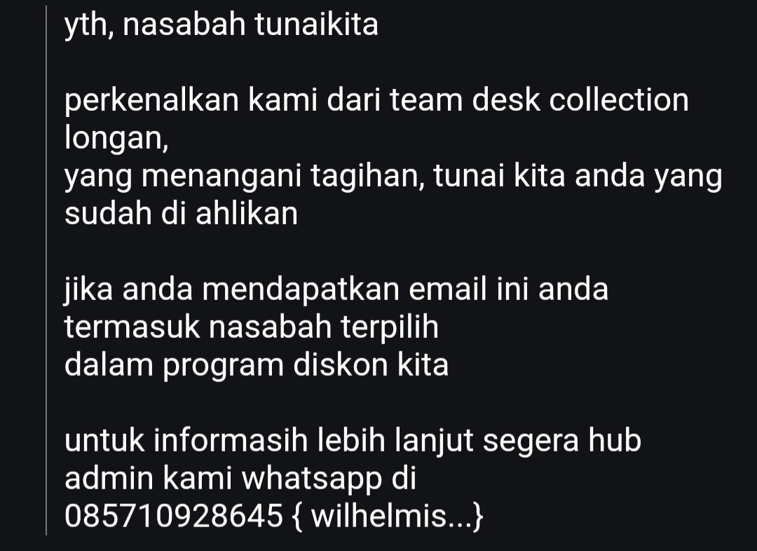 [A THREAD]
Lagi marak, dan ramai di kalangan galbayer! Pinjol Tunaikita yang sudah ditutup oleh OJK, tagihannya di alihkan kepihak ke 3
Bernama Longan Asset Management.

Dan pihak 3 ini memblast data nik mslh hutang ke email2 HRD kantor debitur. (RT Kerasss!)