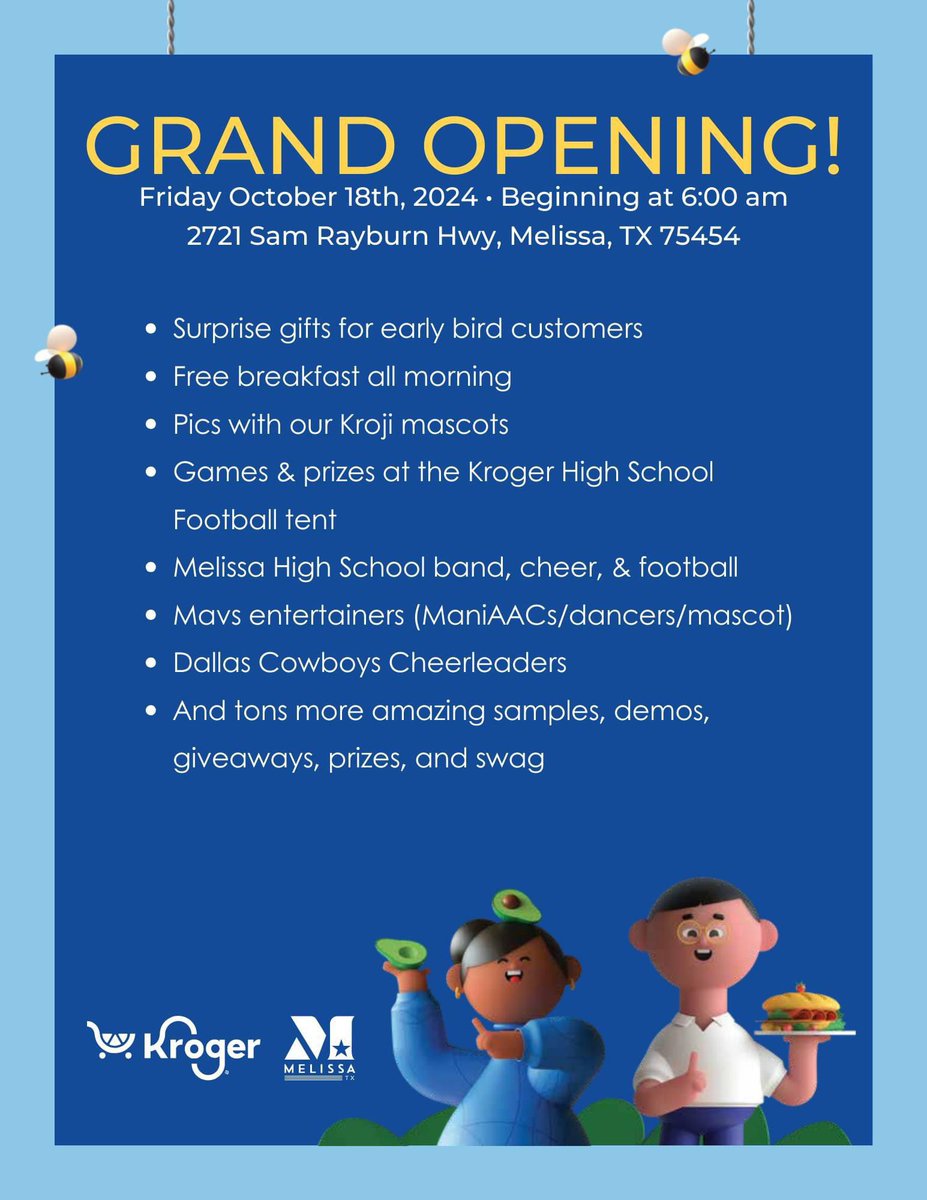 Kroger is nearly ready for our Grand Opening in #MelissaTX THIS Friday, October 18 at 6:00 am! Surprise gifts for early birds, samples and entertainment. 

📍 2721 Sam Rayburn Hwy, Melissa, TX 75454 

See you there!

#melissatx #cityofmelissa #melissacommunity #melissatexas